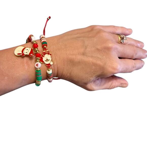 Pair of Santa Snowman Holiday Polymer Clay Beaded Bracelets - Picture 4 of 5